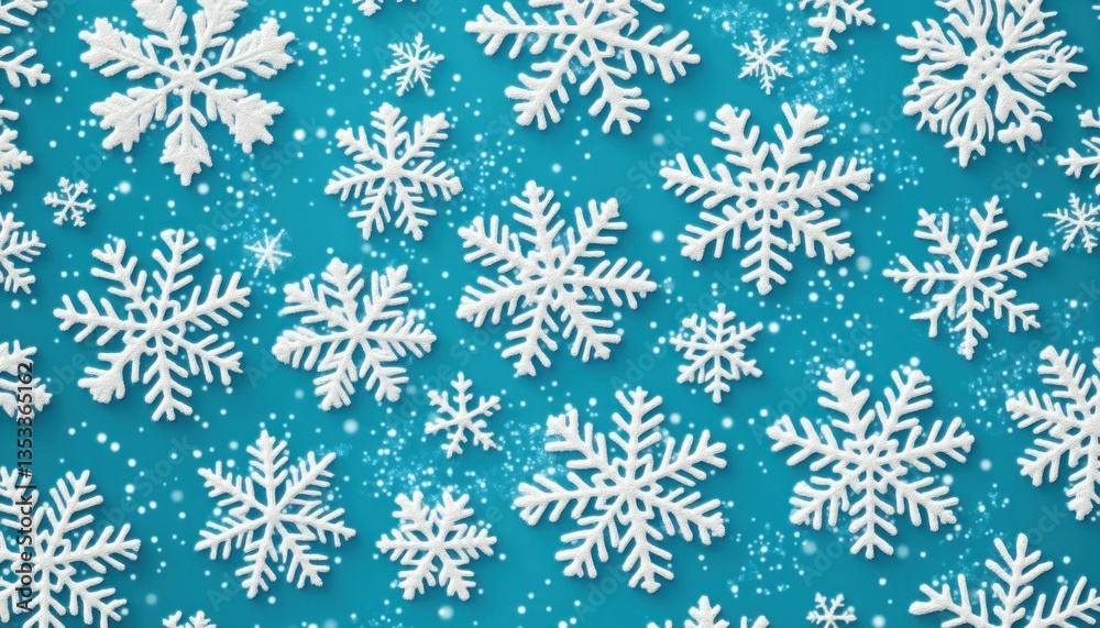 Minimalist Seamless Winter Snowflake Pattern Design in Teal Blue Background with Intricate White Snowflakes Minimalist Seamless Winter Snowflake Pattern Design in Teal Blue Background with Intricate White Snowflakes