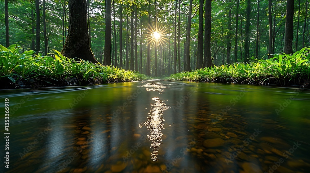 Obraz premium Sunlit Stream in Lush Green Forest