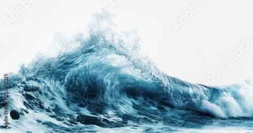 Powerful ocean wave crashing, isolated white background