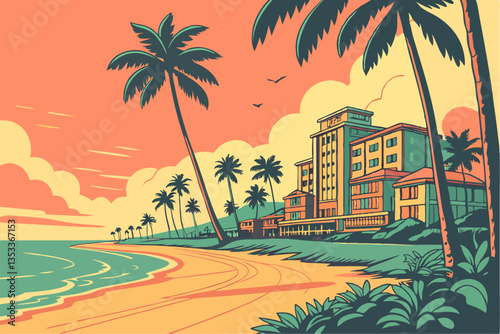 Tropical beach with palm trees and sea - summer resort at sunset