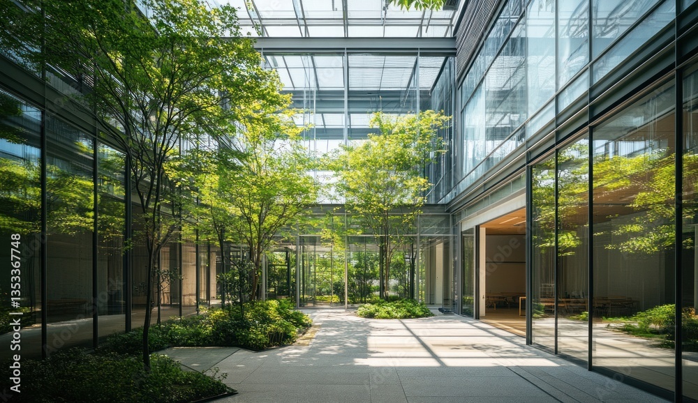 Modern architecture showcases a courtyard with trees and glass walls Modern architecture showcases a courtyard with trees and glass walls