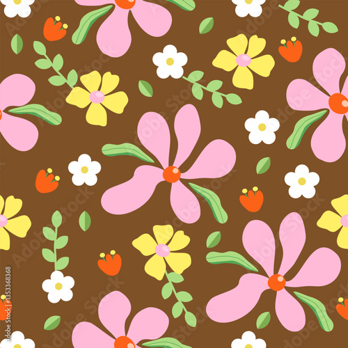 Cute floral pattern flowers. Seamless vector texture. Elegant template for fashion prints. Printing with pink and yellow flowers. brown background.