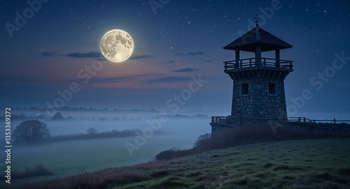 Stone watchtower overlooking misty fields under moonlit sky
