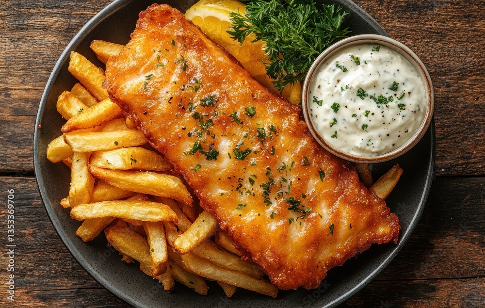 Rustic Fish and Chips on Wooden Table with Natural Lighting and Vibrant Colors Rustic Fish and Chips on Wooden Table with Natural Lighting and Vibrant Colors
