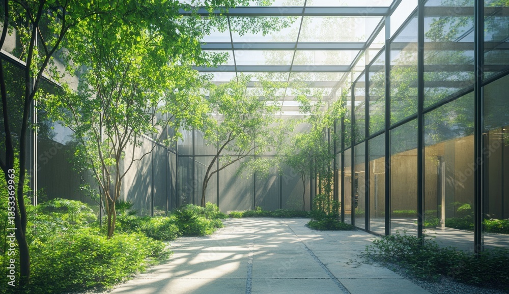 An indoor garden showcases trees and sunlight through glass walls An indoor garden showcases trees and sunlight through glass walls