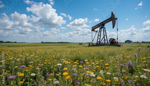 Oil Well in Flower Field Under Blue Sky with White Clouds