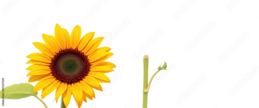 Fototapeta premium Single vibrant sunflower, head tilted, isolated on pure white background, bloom, plant