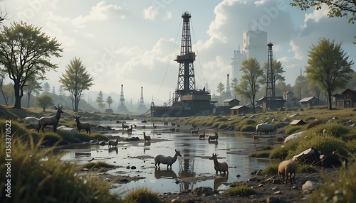 Deer Crossing River at Industrial Site with Oil Derricks