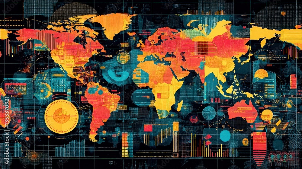 Obraz premium A vibrant, abstract world map design with colorful data visualizations, representing global connections and information flow.