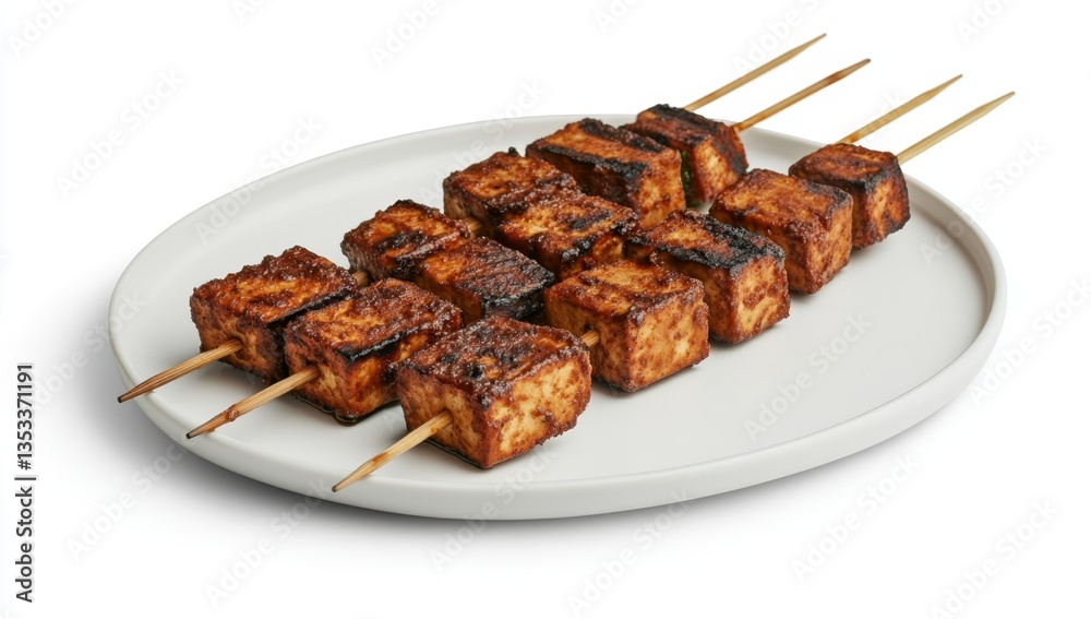 Grilled Tofu Skewers. Crispy, flavorful tofu cubes on skewers, ready to eat. A healthy and delicious protein-packed meal Grilled Tofu Skewers. Crispy, flavorful tofu cubes on skewers, ready to eat. A healthy and delicious protein-packed meal