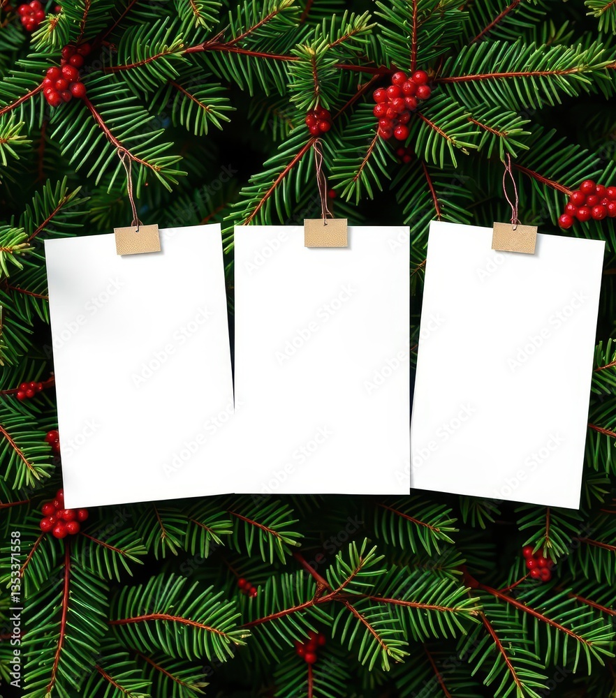 Three blank paper frames clipped to evergreen branches, empty, blank Three blank paper frames clipped to evergreen branches, empty, blank