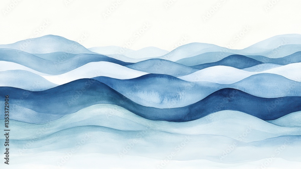 Fototapeta premium Abstract Watercolor Landscape: Serene Blue Mountainscape Artwork