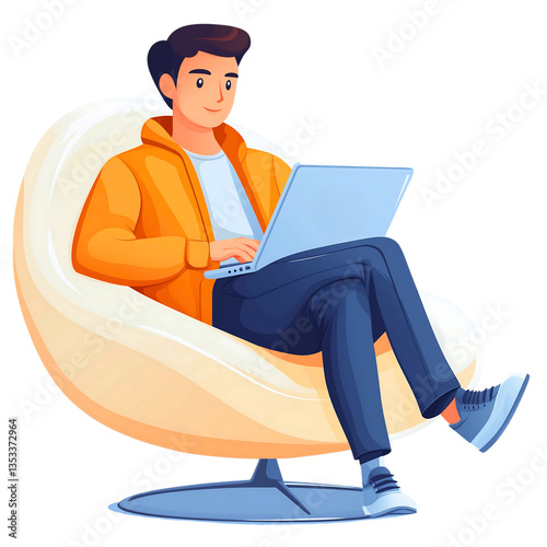 Man working from home on laptop sitting in beanbag chair freelance work remote job illustration