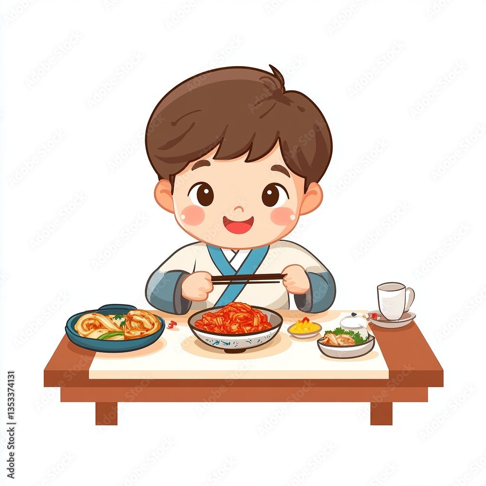 Cute cartoon illustration of a South Korean boy eating kimchi at a traditional table, on a clean white background, Cute cartoon illustration of a South Korean boy eating kimchi at a traditional table, on a clean white background,