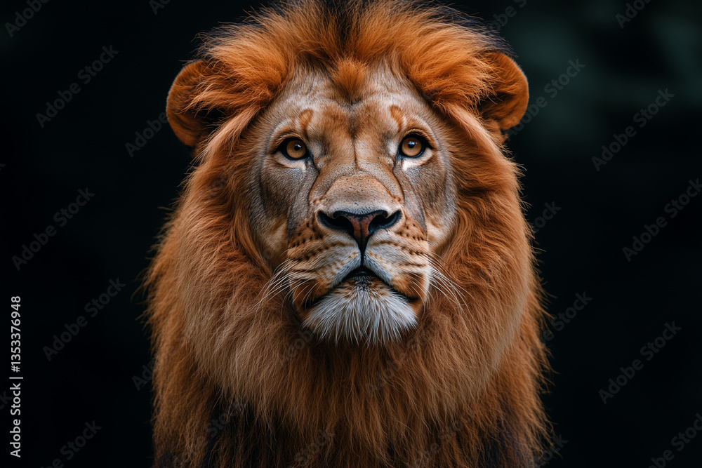 Fototapeta premium Lion’s intense gaze with a dark forest backdrop