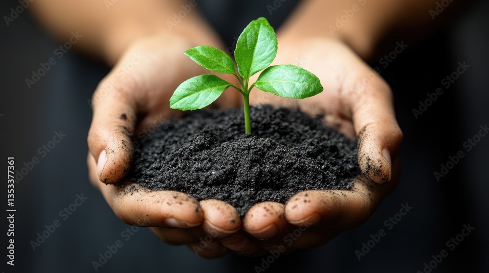 Hands holding soil supporting a small growing green plant sprout Hands holding soil supporting a small growing green plant sprout