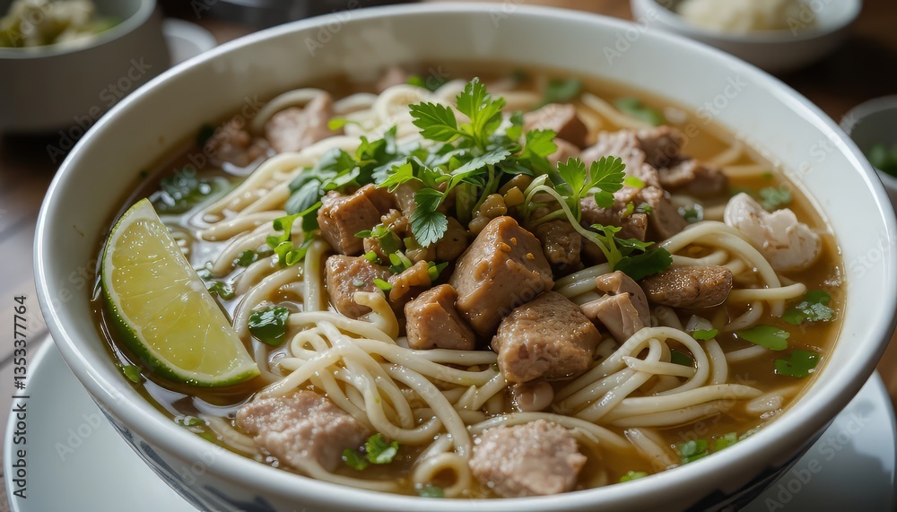 Delicious Bowl of Noodle Soup with Chicken and Herbs Delicious Bowl of Noodle Soup with Chicken and Herbs
