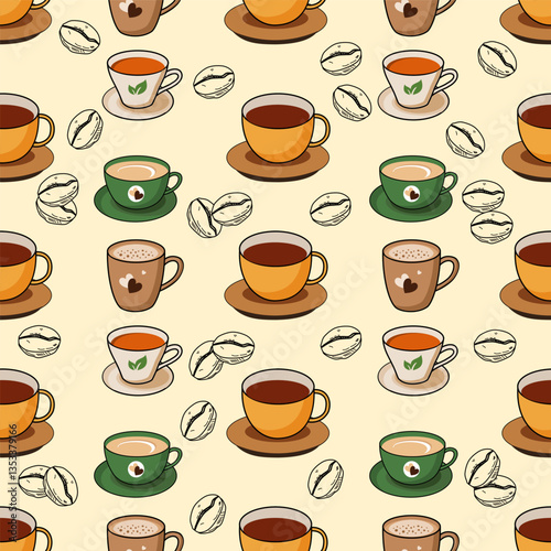 Coffee, tea seamless pattern. Coffee, tea illustration. Coffee, tea background. Perfect for fabric, textile, wallpaper, decor, illustration, print, packaging of products