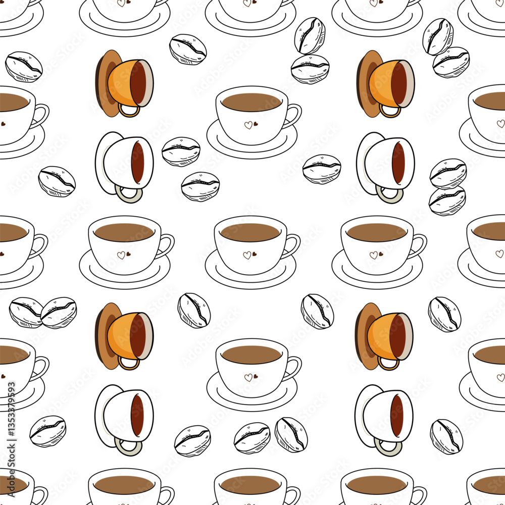 Obraz premium Coffee, tea seamless pattern. Coffee, tea illustration. Coffee, tea background. Perfect for fabric, textile, wallpaper, decor, illustration, print, packaging of products