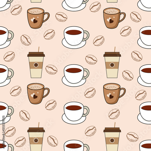 Coffee, tea seamless pattern. Coffee, tea illustration. Coffee, tea background. Perfect for fabric, textile, wallpaper, decor, illustration, print, packaging of products