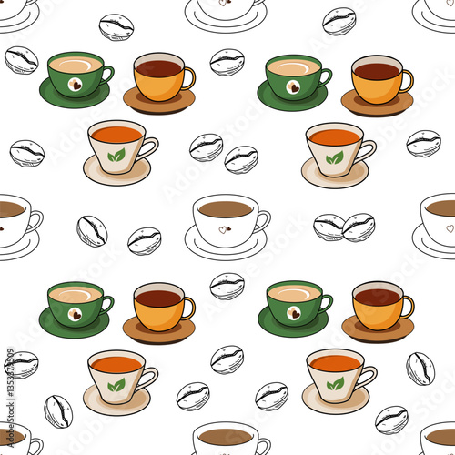 Coffee, tea seamless pattern. Coffee, tea illustration. Coffee, tea background. Perfect for fabric, textile, wallpaper, decor, illustration, print, packaging of products
