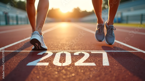 A sporty dynamic image of a runner at the start line of a race track, the year 2027 boldly painted on the ground