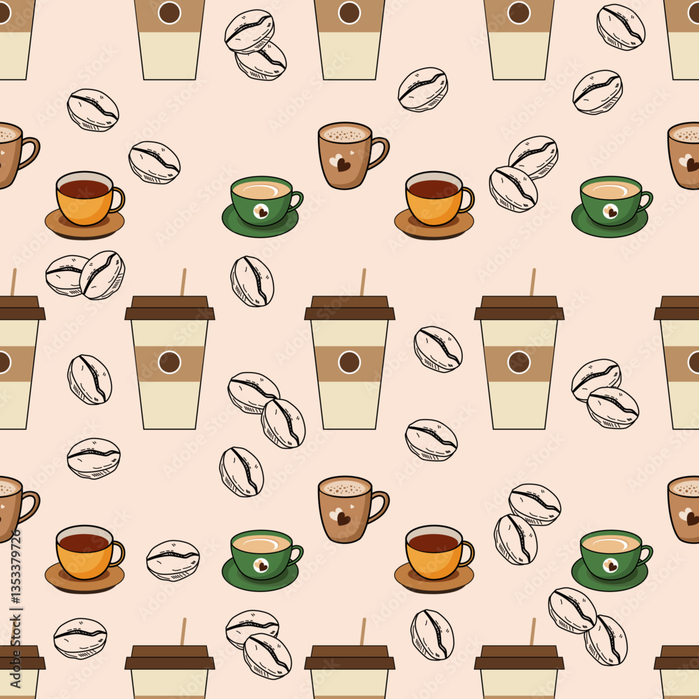 Obraz premium Coffee, tea seamless pattern. Coffee, tea illustration. Coffee, tea background. Perfect for fabric, textile, wallpaper, decor, illustration, print, packaging of products