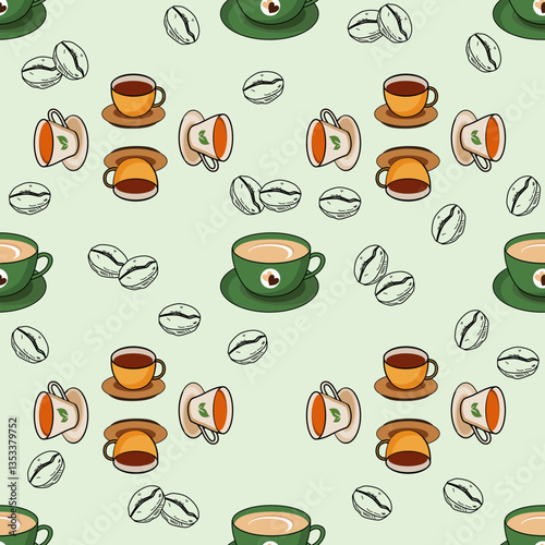 Coffee, tea seamless pattern. Coffee, tea illustration. Coffee, tea background. Perfect for fabric, textile, wallpaper, decor, illustration, print, packaging of products