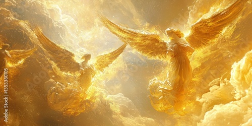 A high-end artistic portrayal of golden angelic figures floating in a dreamy background