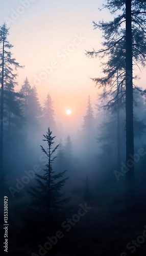 Foggy Forest Scene at Sunrise with Sunlight Through Trees phone background wallpaper