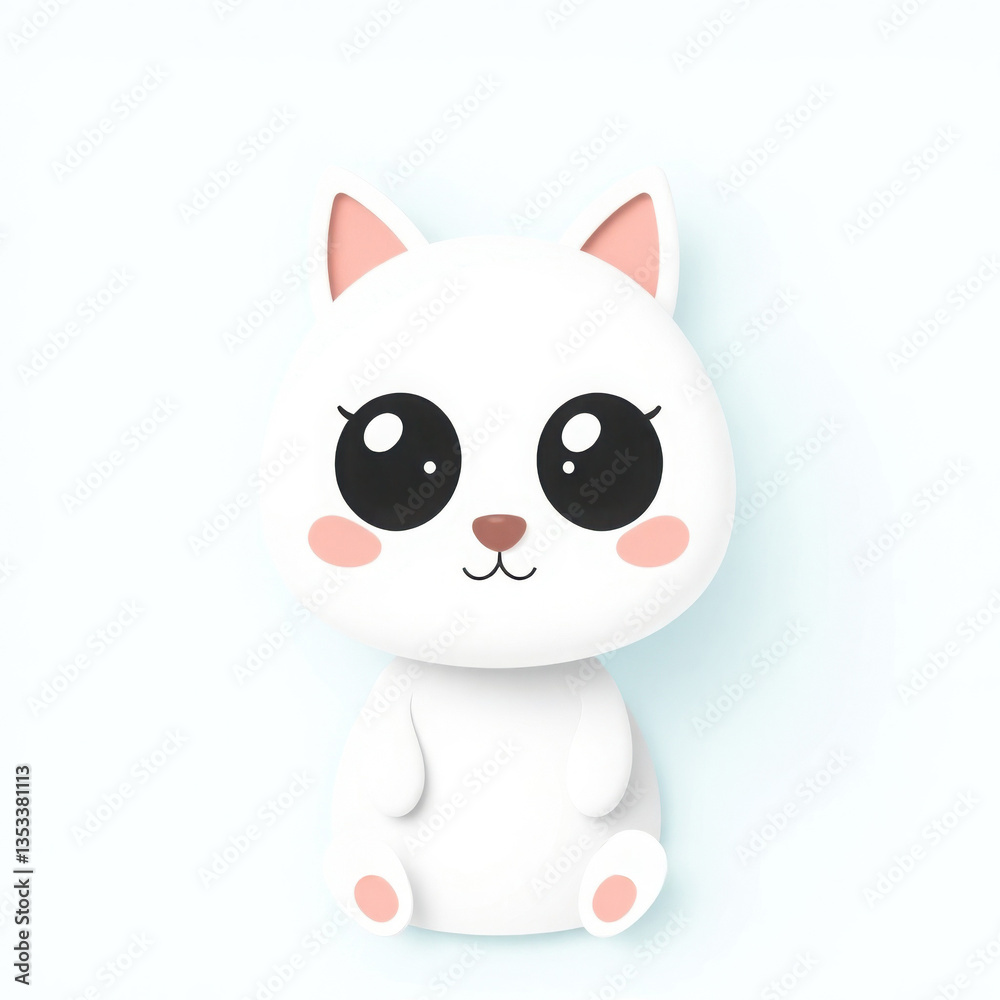 Fototapeta premium Cute 3D cartoon white cat with big eyes and pink cheeks