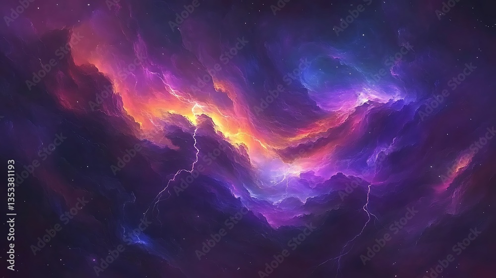 Obraz premium Vivid cosmic clouds illuminated with bright glowing orange and purple colors