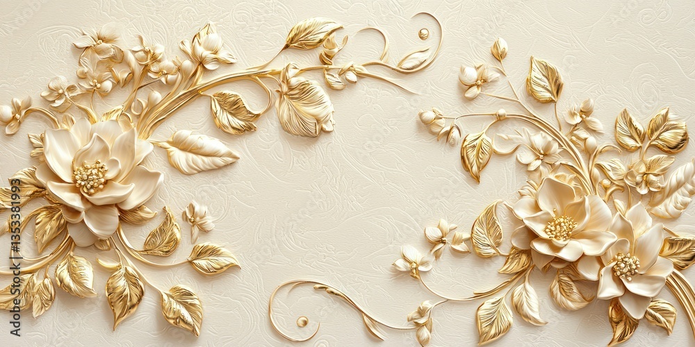 A high-end invitation card with gold-embossed floral motifs on a cream background A high-end invitation card with gold-embossed floral motifs on a cream background