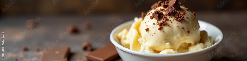 Creamy vanilla ice cream topped with rich chocolate , smooth, sugar, ice cream scoop