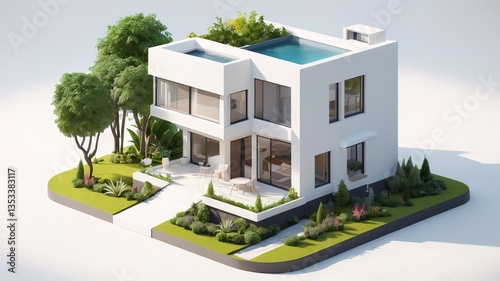 A small modern minimalist house isometric perspective, 3D model miniature
