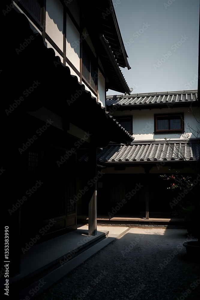 Sunlit Japanese courtyard with traditional houses. Sunlit Japanese courtyard with traditional houses.
