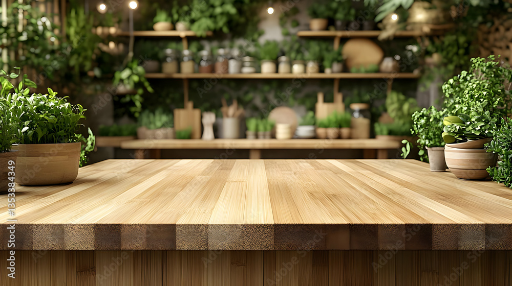 Empty Wooden Table Top In Front Of A Green Kitchen