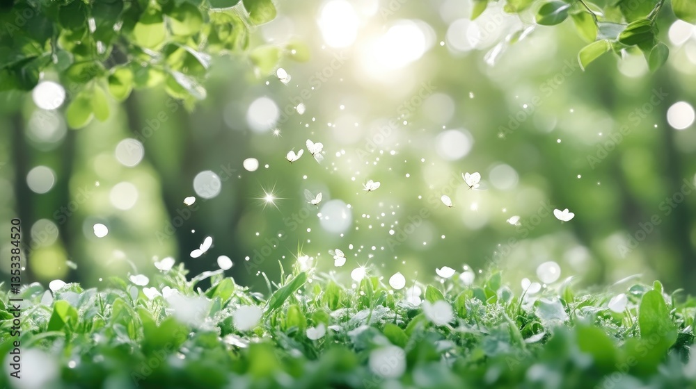 Springtime blossoms in a vibrant natural setting. Delicate petals float amidst lush greenery, bathed in soft sunlight Springtime blossoms in a vibrant natural setting. Delicate petals float amidst lush greenery, bathed in soft sunlight