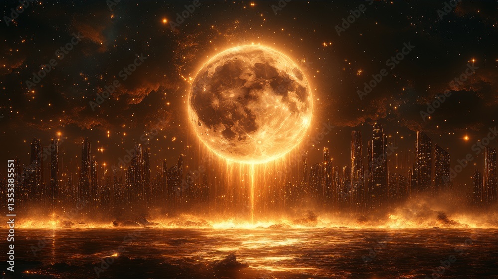 Naklejka premium Enigmatic Celestial Event: A Golden Moon Illuminates a Futuristic Cityscape with Fiery Glow and Otherworldly Vibes Over an Ocean at Dusk