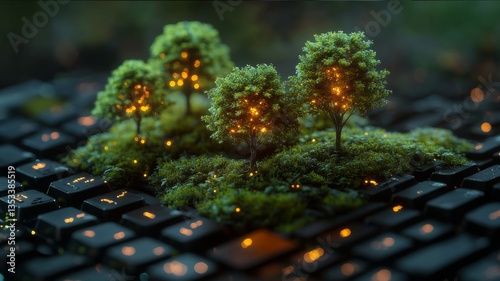 Digital Nature Concept with Trees and Grass on Keyboard Representing Harmony Between Technology and Environment for Stock Photo Use