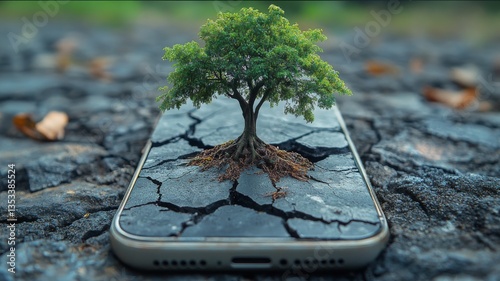 A Resilient Tree Growing from a Cracked Smartphone on a Dry Ground, Symbolizing Nature's Persistence Amidst Technology and Urban Life