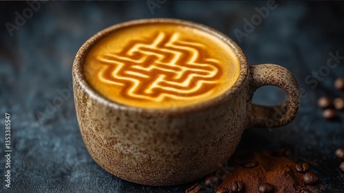 Beautiful latte art displayed in a rustic ceramic cup with intricate design on frothy coffee surface, surrounded by coffee beans and cocoa powder on dark background