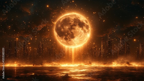 Enigmatic Celestial Event: A Golden Moon Illuminates a Futuristic Cityscape with Fiery Glow and Otherworldly Vibes Over an Ocean at Dusk