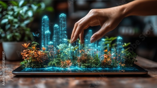 Hand Grasping Virtual Urban Greenery Emerging from Digital Device, Blending Nature with Technology in a Modern Concept of Sustainable Development