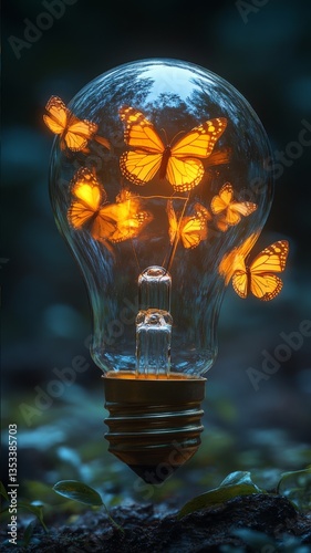 Magical Light Bulb with Butterflies Illuminating Nature's Beauty in an Enchanted Forest Setting, Symbolizing Ideas, Creativity, and Transformation Under Evening Glow