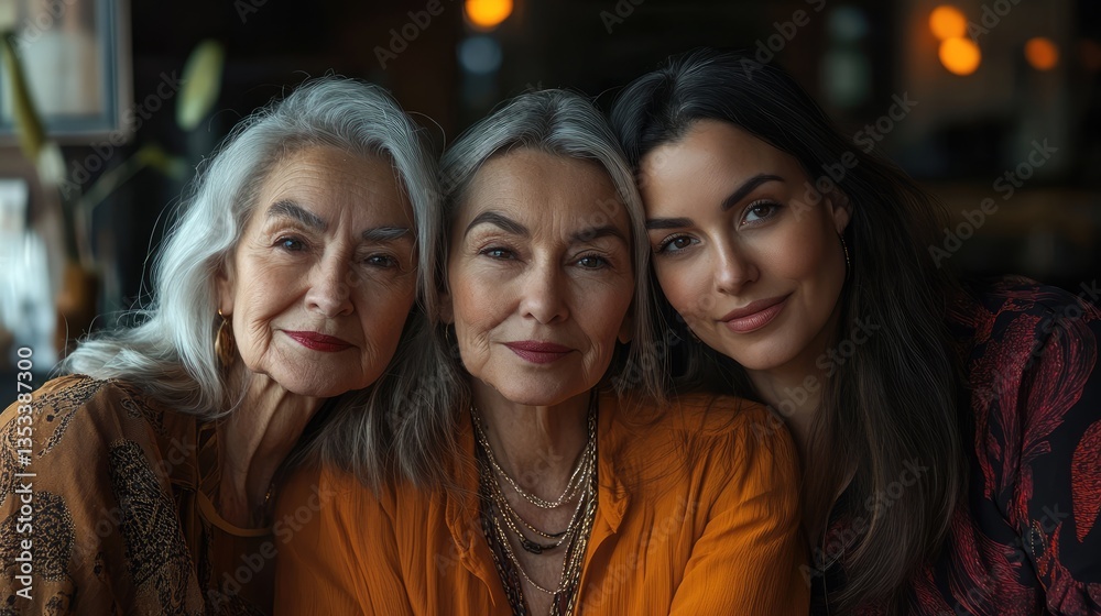Three women of different ages share a warm moment together in a cozy café setting, with soft lighting and blurred background Three women of different ages share a warm moment together in a cozy café setting, with soft lighting and blurred background