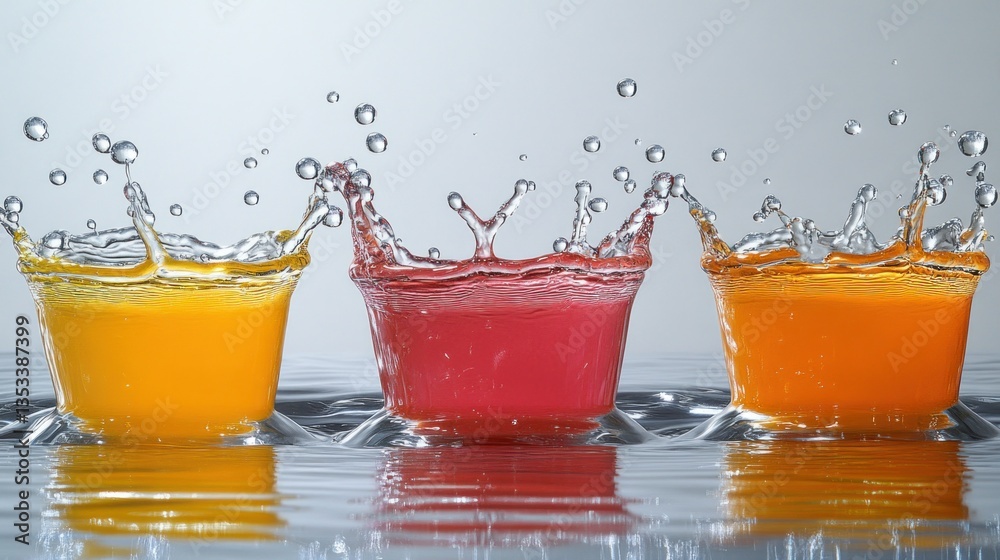 Colorful drinks splashing in shot glasses