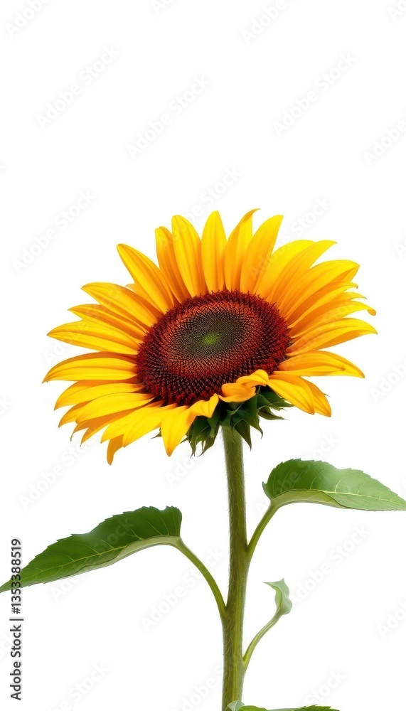 Fototapeta premium A single sunflower blooms vibrantly against a pure white background, happy, photography