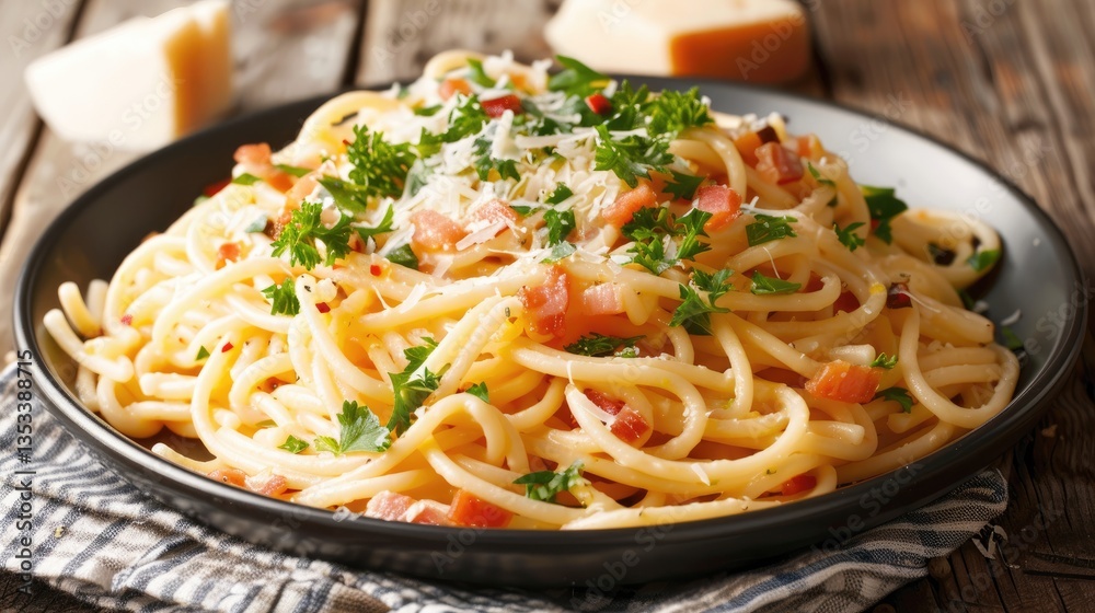 Delicious spaghetti dish garnished with fresh herbs and cheese Delicious spaghetti dish garnished with fresh herbs and cheese