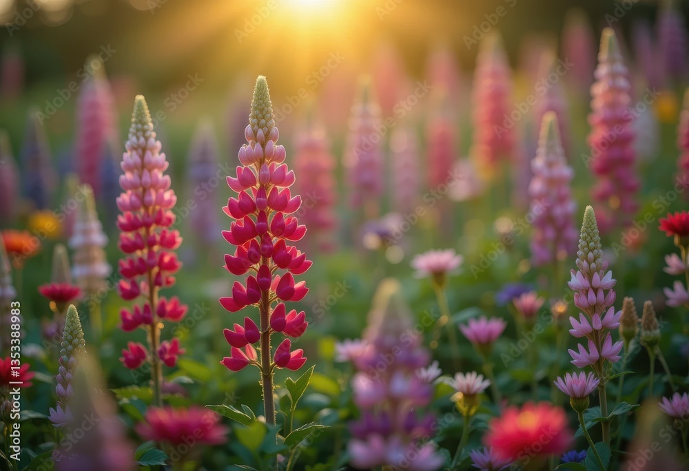 Obraz premium Beautiful Pink and Red Lupine Flowers Sunset Field Summer Bloom Plant Color Bokeh Image Photo Nature